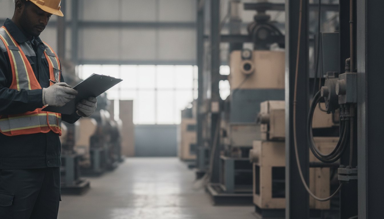 Profissional de segurança do trabalho analisando prancheta em um ambiente industrial com equipamentos de proteção.