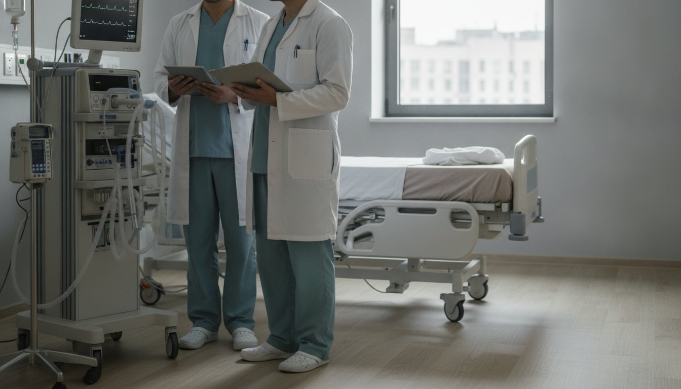 Profissionais de saúde com pranchetas analisando equipamentos médicos em um quarto de hospital moderno.