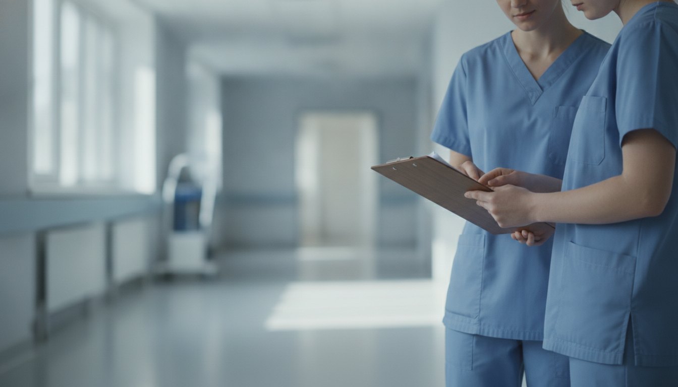 Profissionais de saúde uniformizados analisando uma prancheta de prontuário em um corredor de hospital.