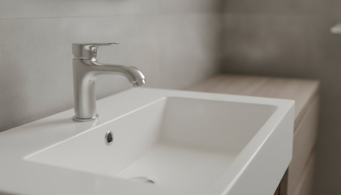 Torneira metálica com sensor de presença instalada sobre uma pia de porcelana branca.