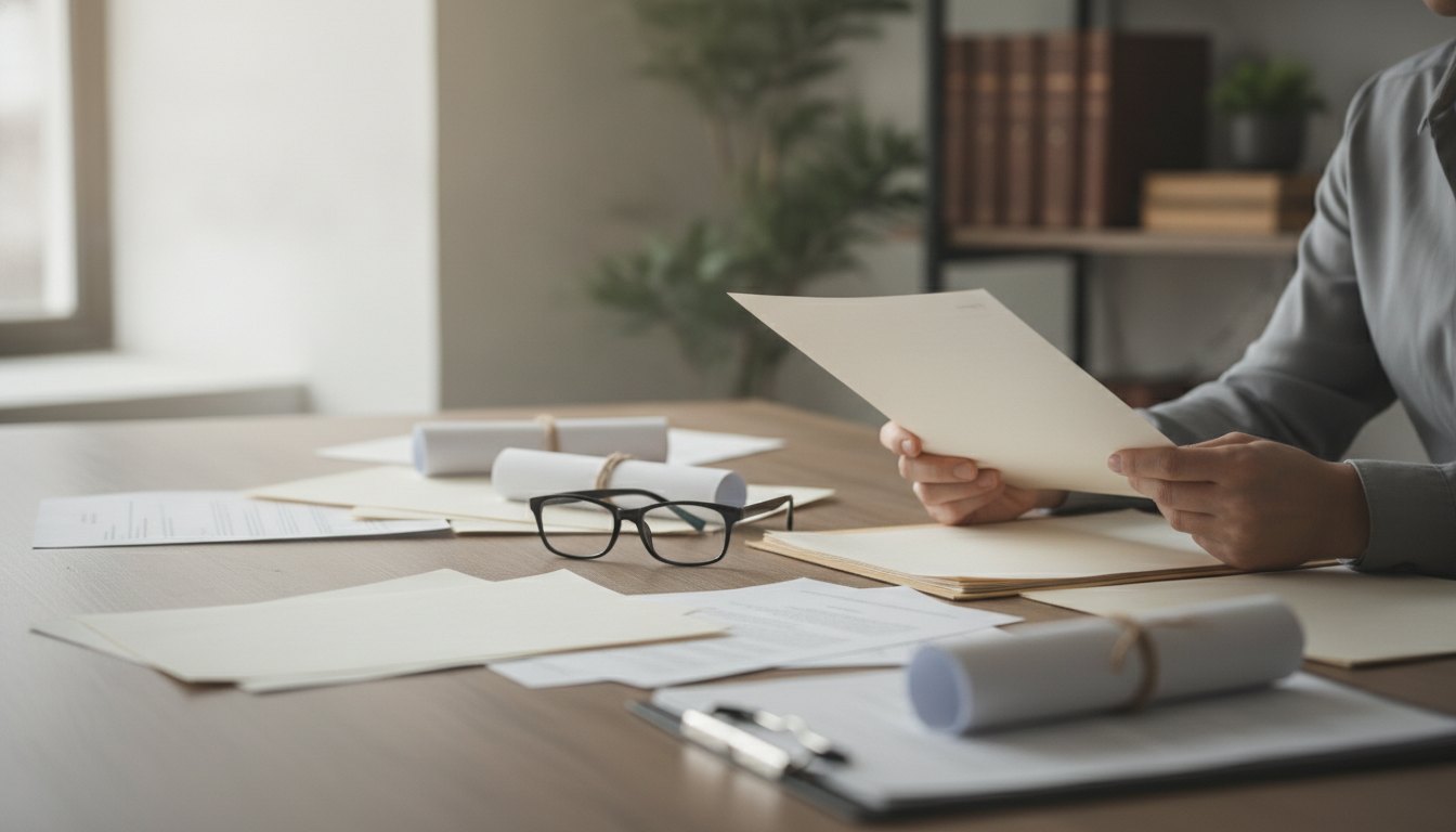 Pessoa segurando um documento médico enquanto analisa papéis sobre uma mesa de escritório.