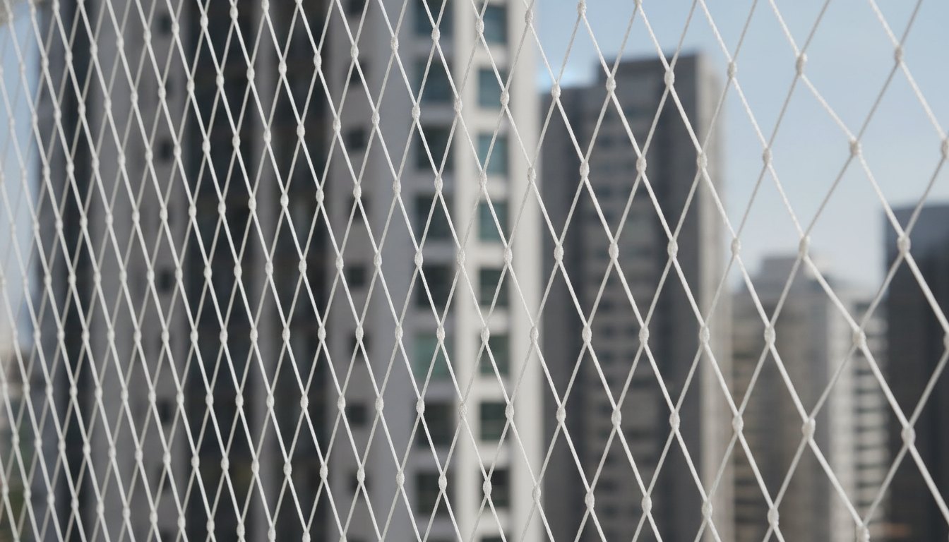 Fios de uma malha de contenção branca tensionados contra um fundo desfocado de prédios altos.