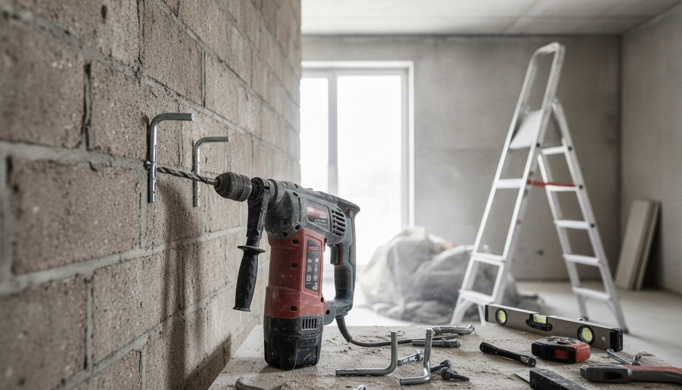 Profissional com equipamento instalando ganchos de fixação em parede de alvenaria próxima a uma escada.