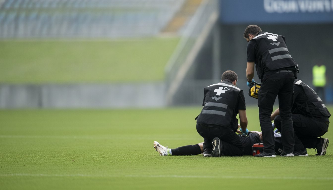 Equipe de saúde com coletes de identificação prestando atendimento a um atleta caído no gramado.