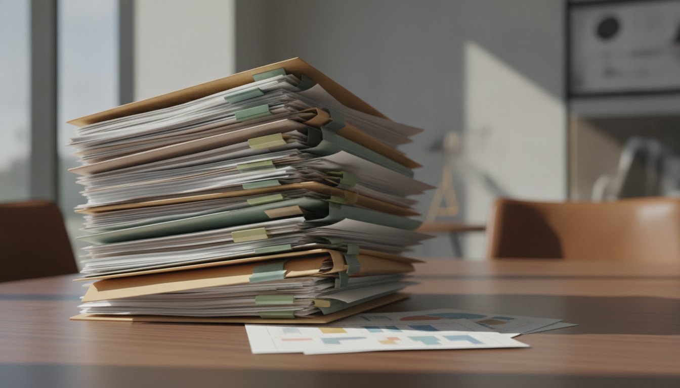 Pilha de documentos médicos e pastas sobre uma mesa de escritório