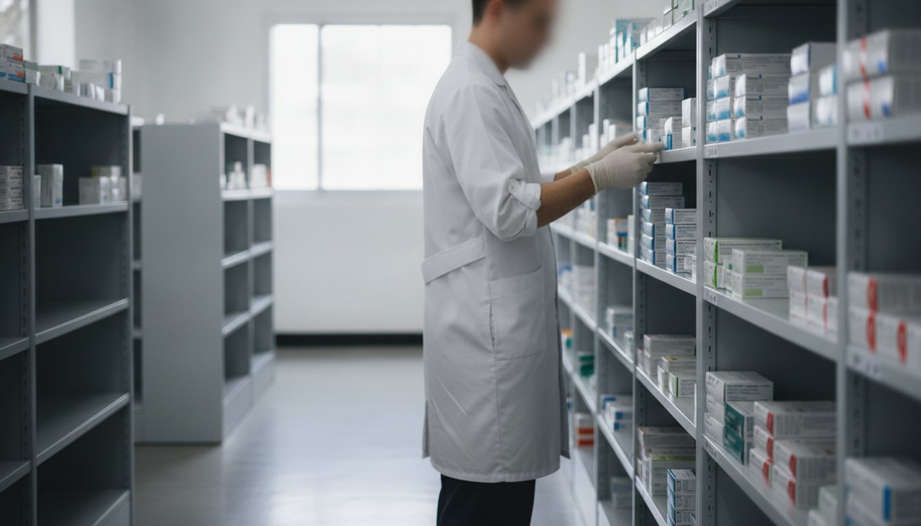 Farmacêutico conferindo caixas de medicamentos em prateleiras organizadas no estoque de um hospital.