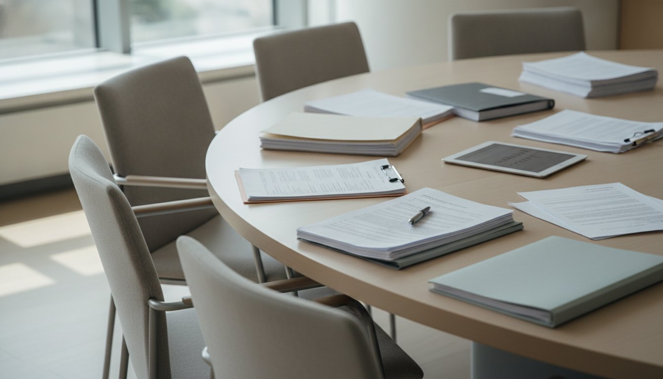 Profissionais de saúde sentados ao redor de uma mesa de reunião analisando documentos médicos.