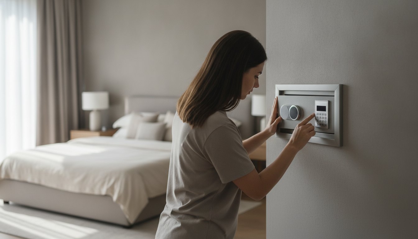 Homem ajustando o painel digital de um cofre embutido na parede de um quarto.