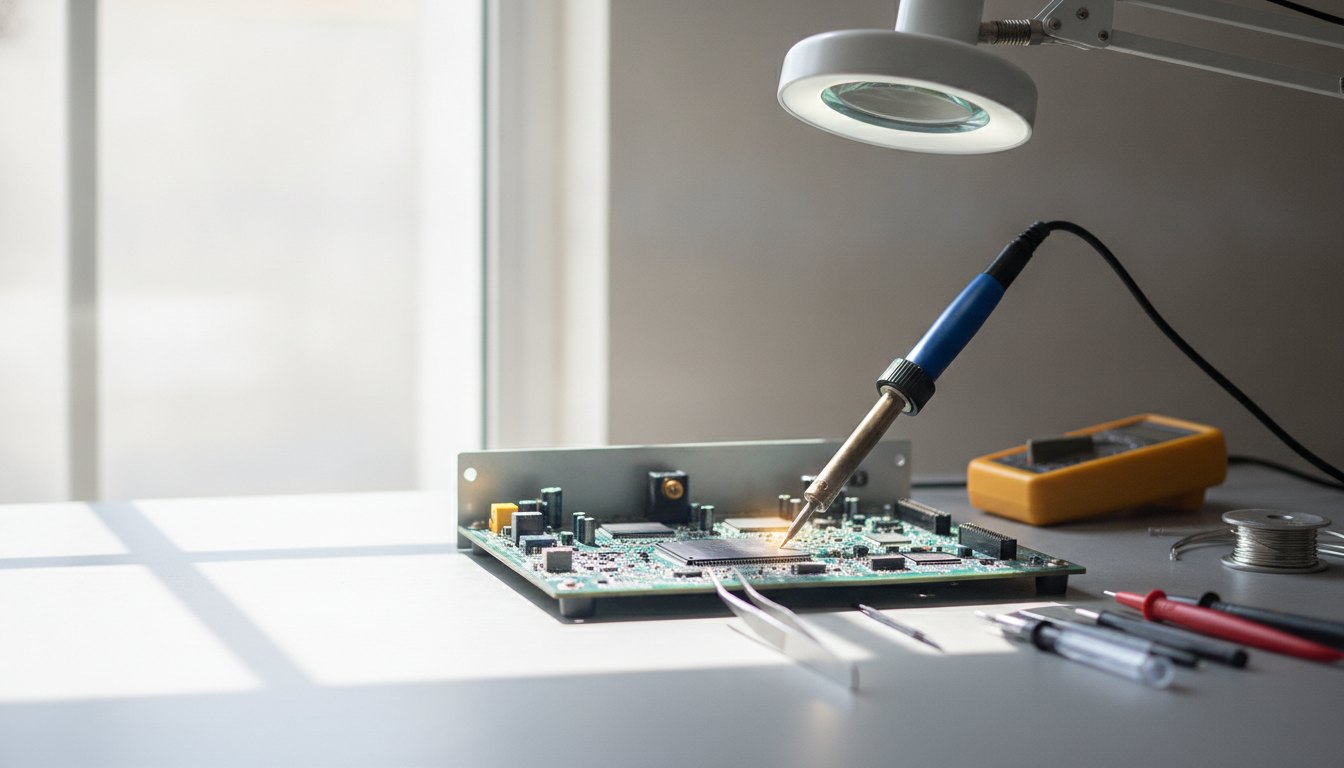 Técnico utilizando ferramentas de precisão para reparar a placa de um dispositivo sobre uma bancada iluminada.