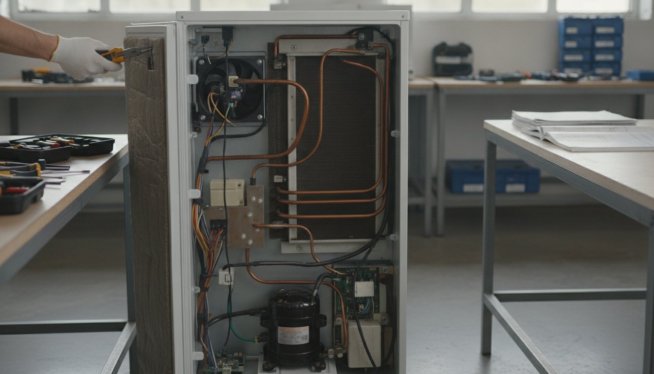Técnico inspecionando a parte traseira de um refrigerador doméstico com ferramentas manuais