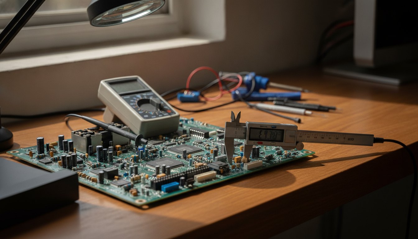 Técnico utilizando ferramentas de medição em uma placa eletrônica sobre uma bancada de trabalho bem iluminada