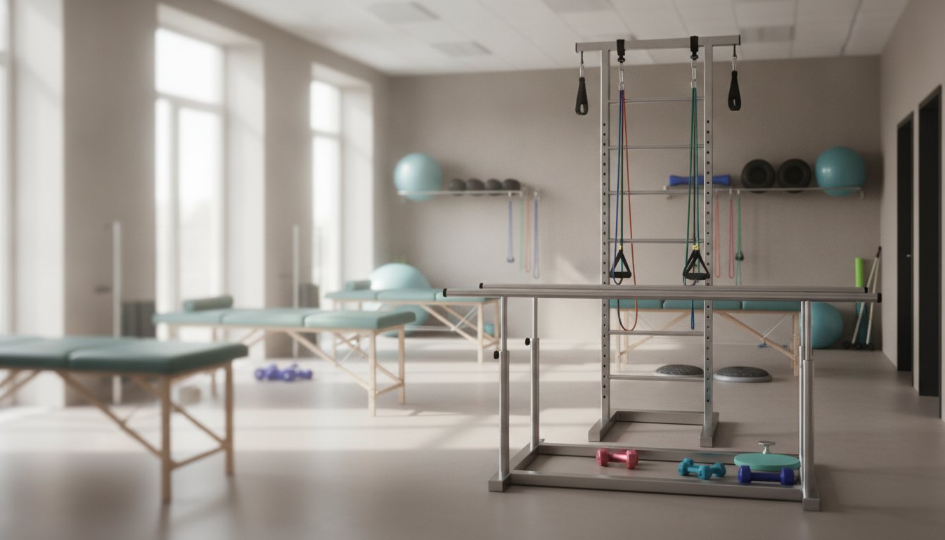 Sala ampla com macas, bolas suíças e equipamentos de ginástica voltados para reabilitação física.