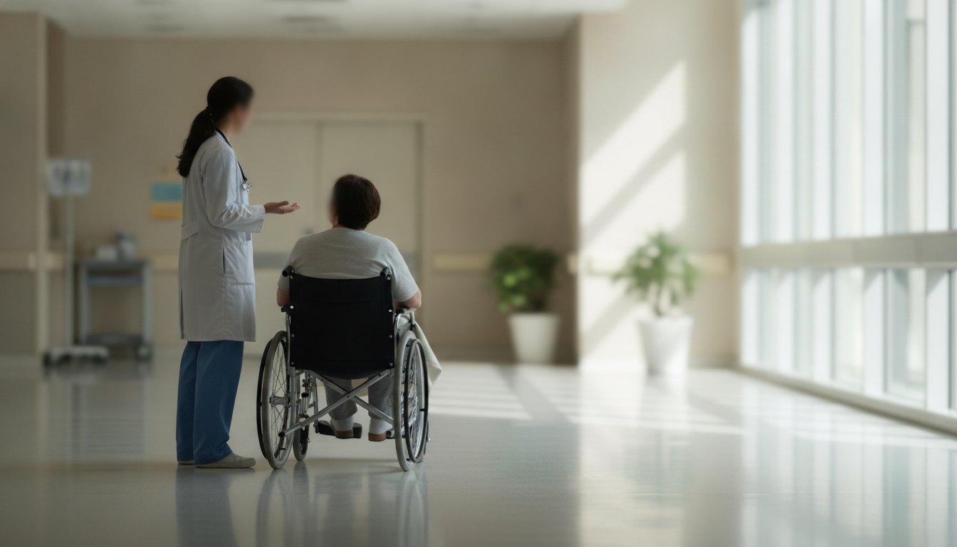 Profissional de saúde conversando com paciente sentada em uma cadeira de rodas no corredor iluminado.