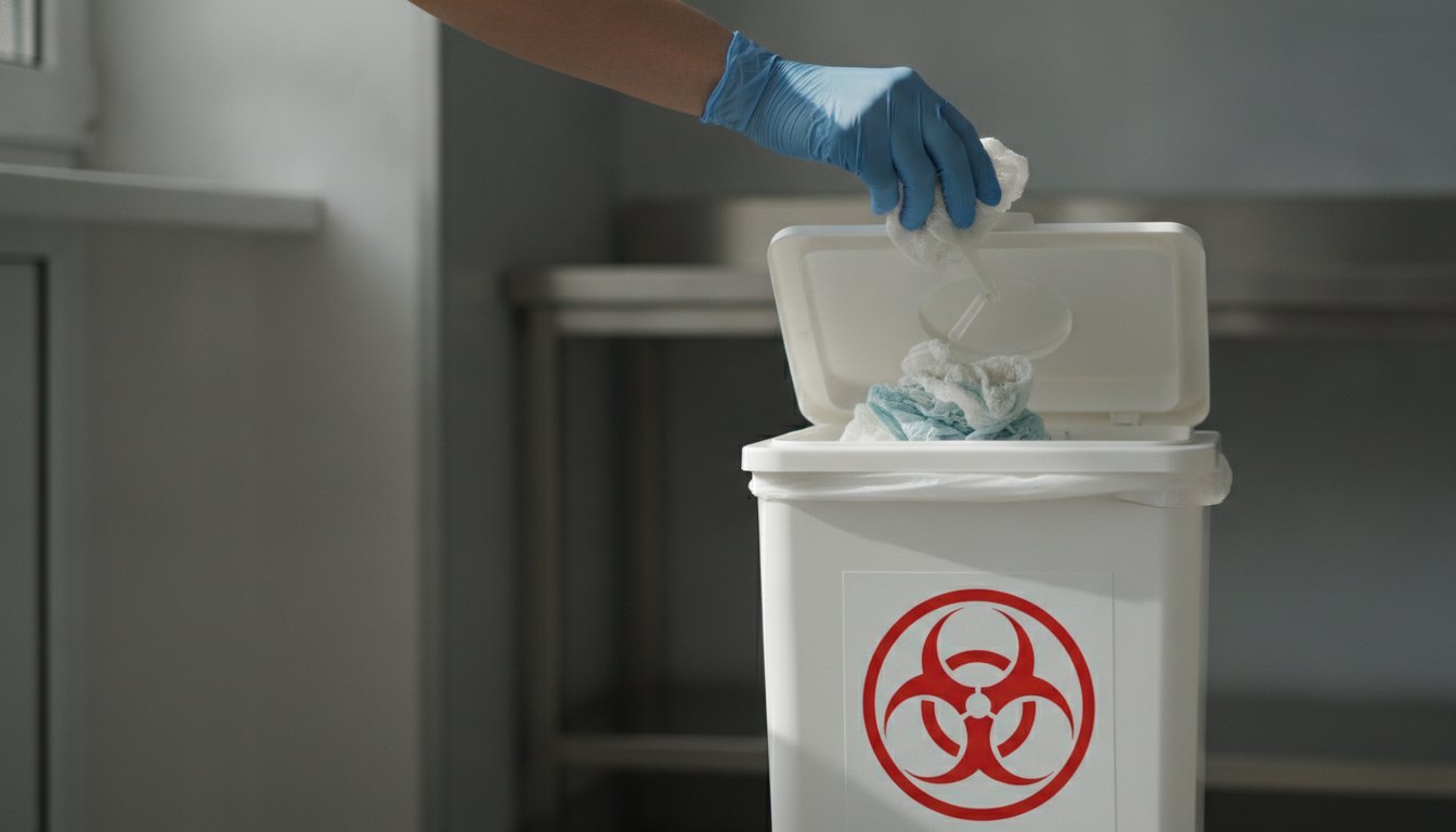 Profissional de saúde com luvas descartando material em lixeira branca com símbolo de risco biológico