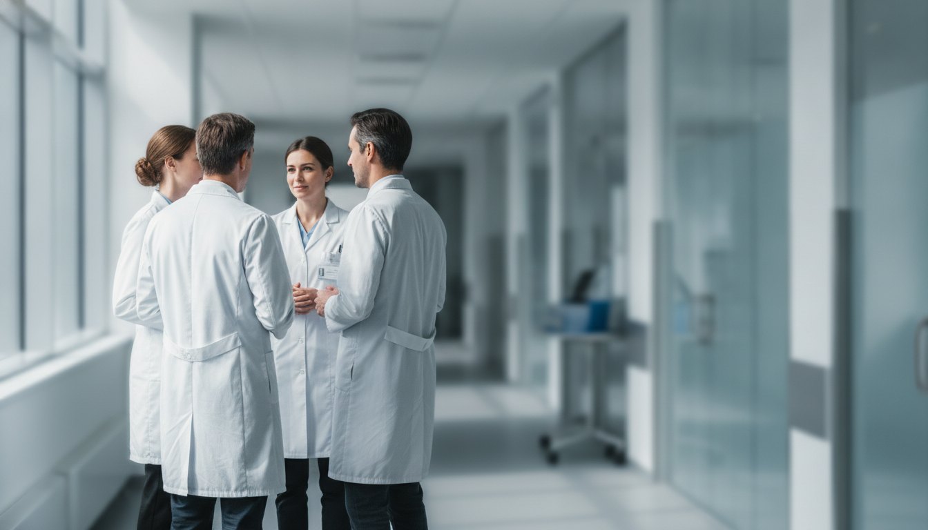 Grupo de médicos vestindo jalecos brancos conversando em um corredor de hospital.