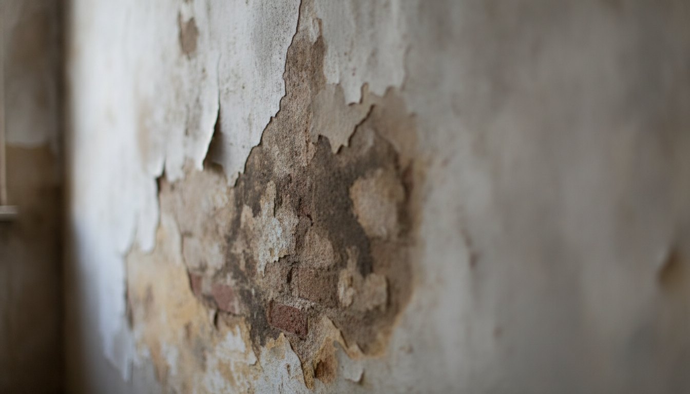 Parede com descascamento e manchas escuras causadas por vazamento de água oculto.