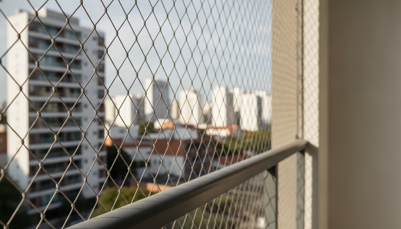 Fios de uma tela de segurança tensionados em uma varanda com vista para edifícios urbanos.