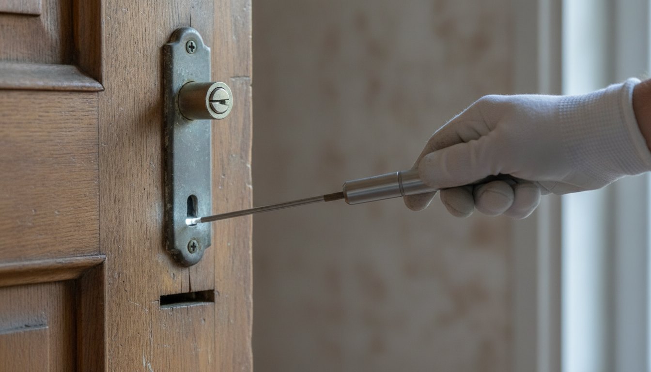 Porta de madeira com fechadura metálica e fresta inferior sendo inspecionada por um profissional.