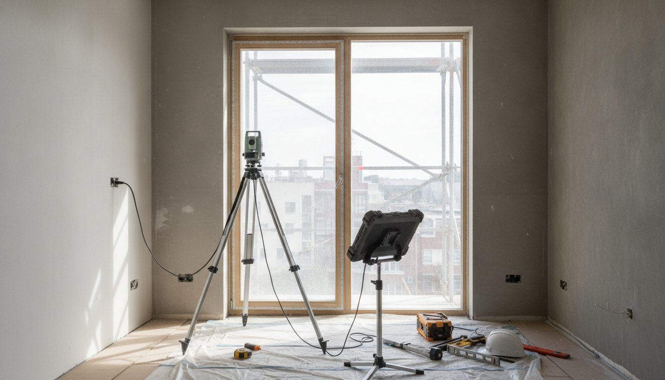 Profissional com equipamento de segurança realizando medições próximo a uma janela em apartamento em reforma.