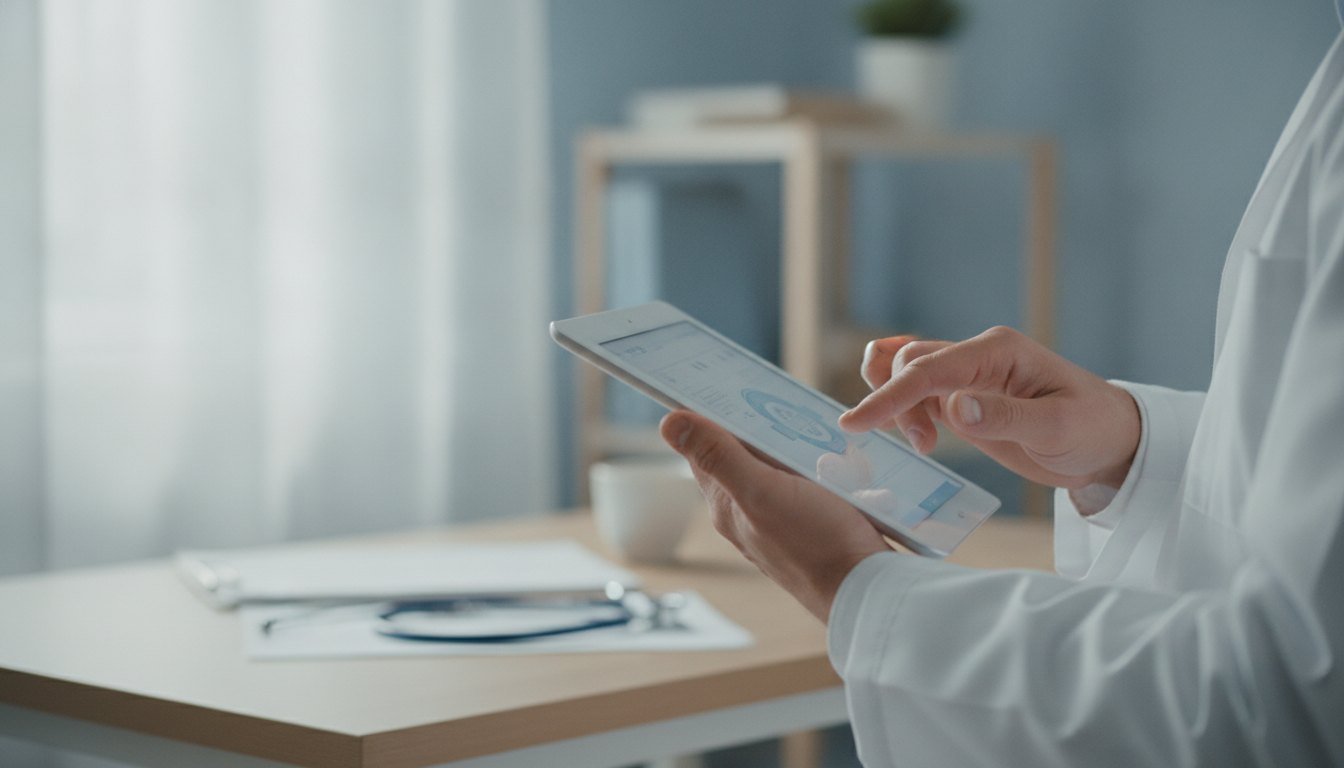 Médico de jaleco branco digitando em um smartphone enquanto segura um tablet no consultório.