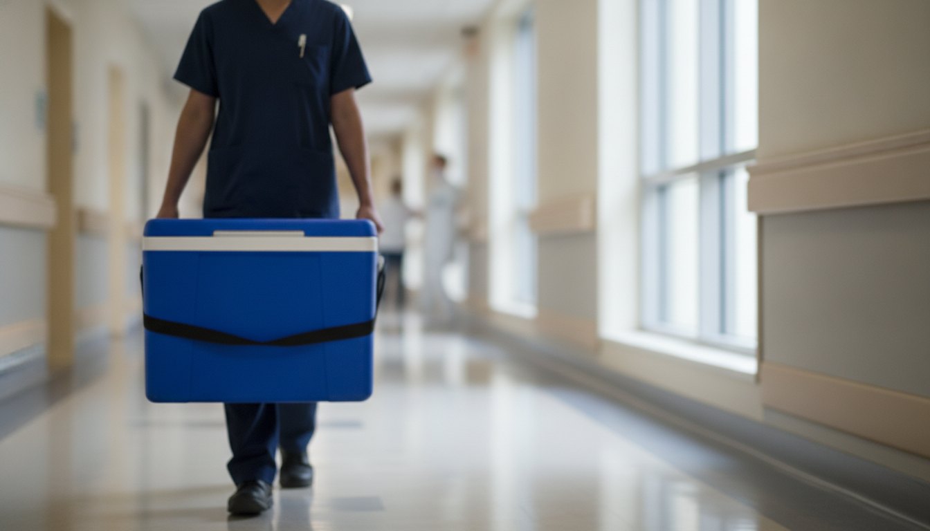Profissionais de saúde carregam uma caixa térmica azul enquanto caminham rapidamente por um corredor hospitalar.