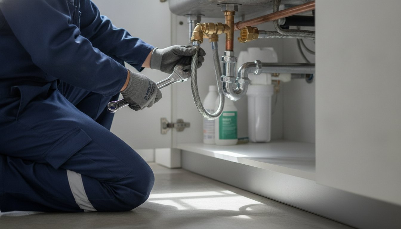 Profissional com uniforme ajustando conexões metálicas de uma tubulação embaixo de uma pia residencial.