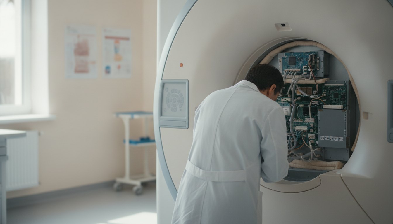 Técnico com jaleco inspecionando o painel aberto de uma máquina de ressonância magnética no hospital.