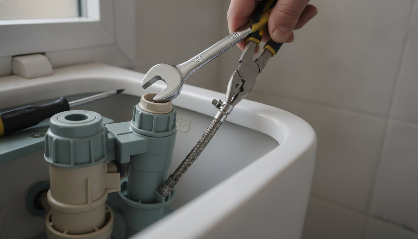 Mecanismo interno de uma caixa acoplada de vaso sanitário sendo ajustado com ferramentas manuais.
