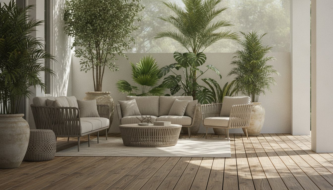 Varanda ensolarada com sofás de fibra sintética, piso de madeira e grandes vasos de plantas.