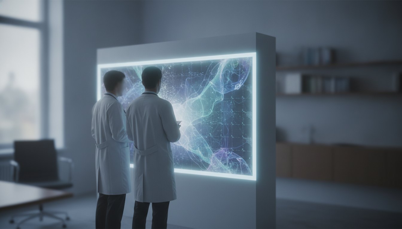 Dois médicos com jalecos brancos analisando exames em uma tela digital brilhante dentro de um consultório.