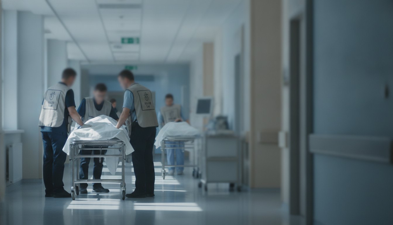 Profissionais de saúde com coletes de identificação simulando o atendimento a vítimas em macas no corredor.