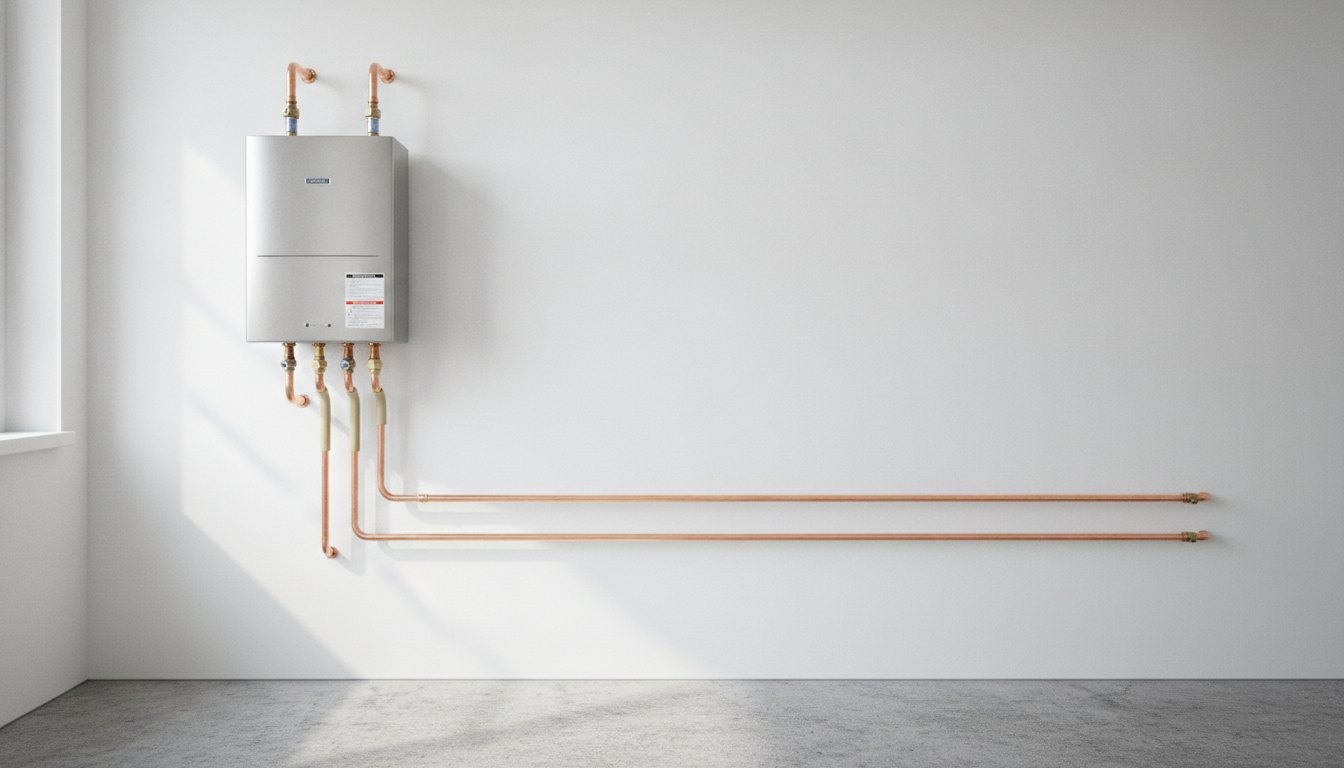 Aquecedor a gás instalado em parede branca com tubulações de cobre aparentes.