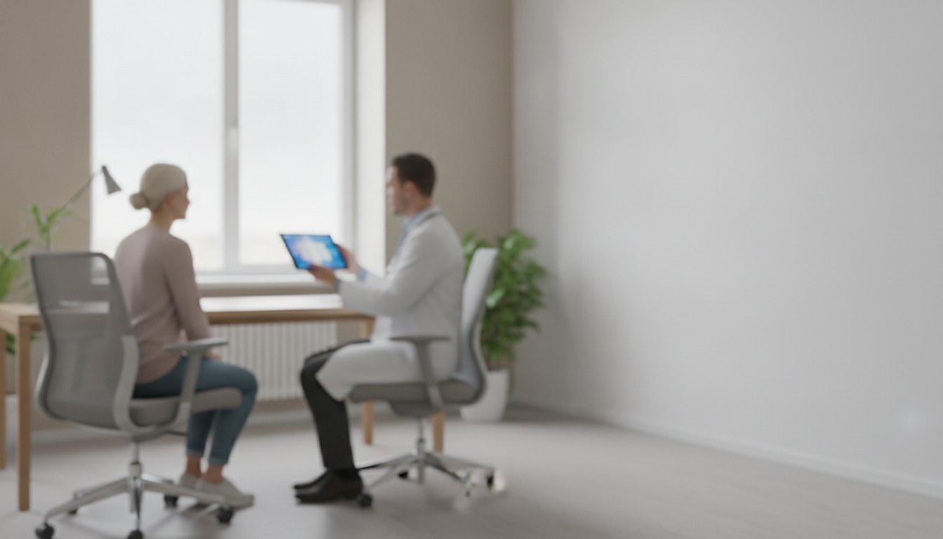 Médico segurando tablet enquanto atende paciente estrangeiro em consultório moderno e iluminado.