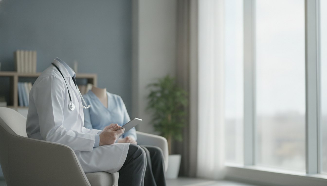 Médico em um consultório digitando em um tablet ao lado de uma paciente durante o atendimento.
