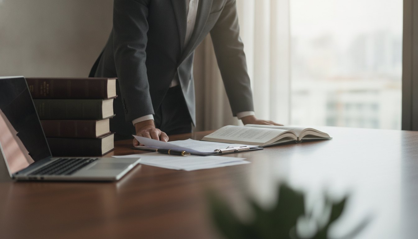 Homem de terno analisando documentos em uma mesa com livros e um notebook.