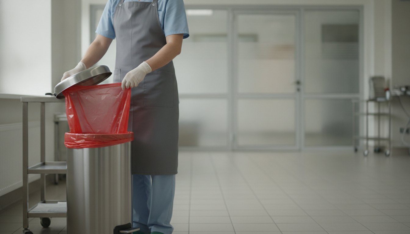 Profissional com luvas e avental colocando saco plástico vermelho em lixeira com pedal.
