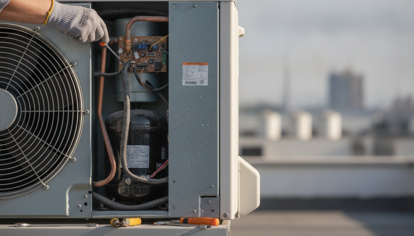 Técnico inspecionando os componentes internos da unidade externa de um ar-condicionado com ferramentas manuais.