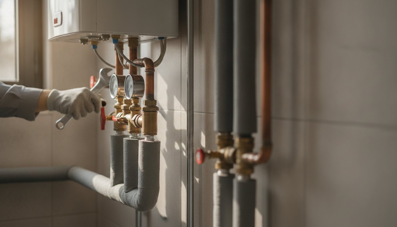 Técnico inspecionando tubulações de cobre e manômetros próximos a um aquecedor de passagem a gás.