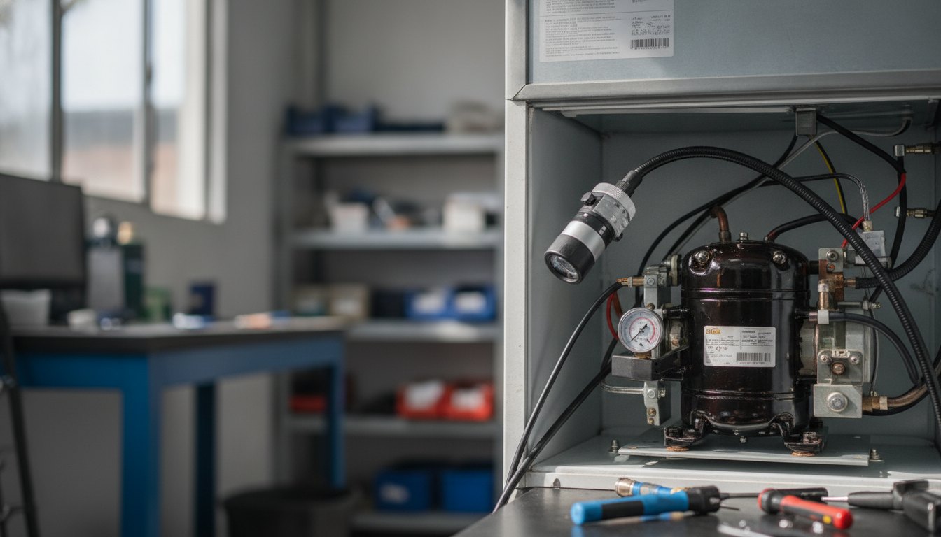 Técnico inspecionando o compressor na parte traseira de um refrigerador doméstico