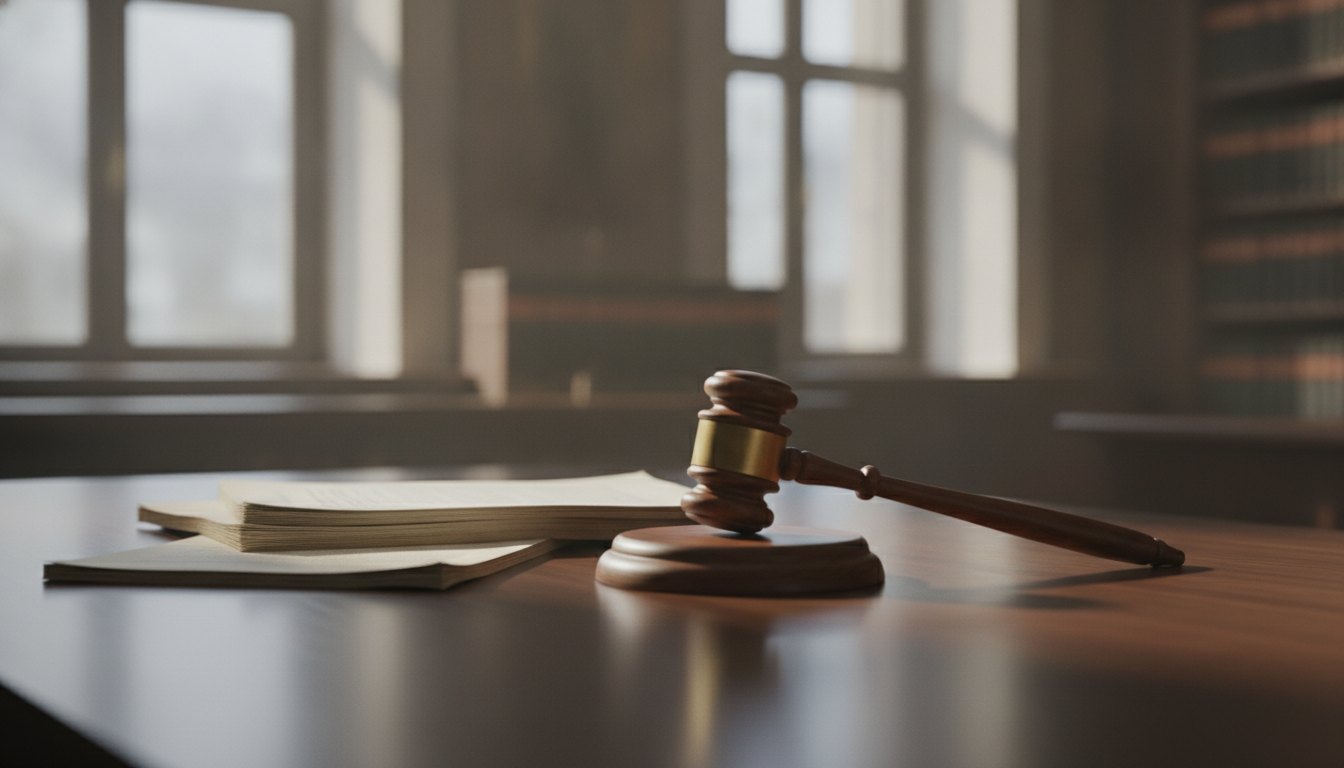 Juiz analisando documentos em uma mesa de tribunal com um martelo de madeira ao lado
