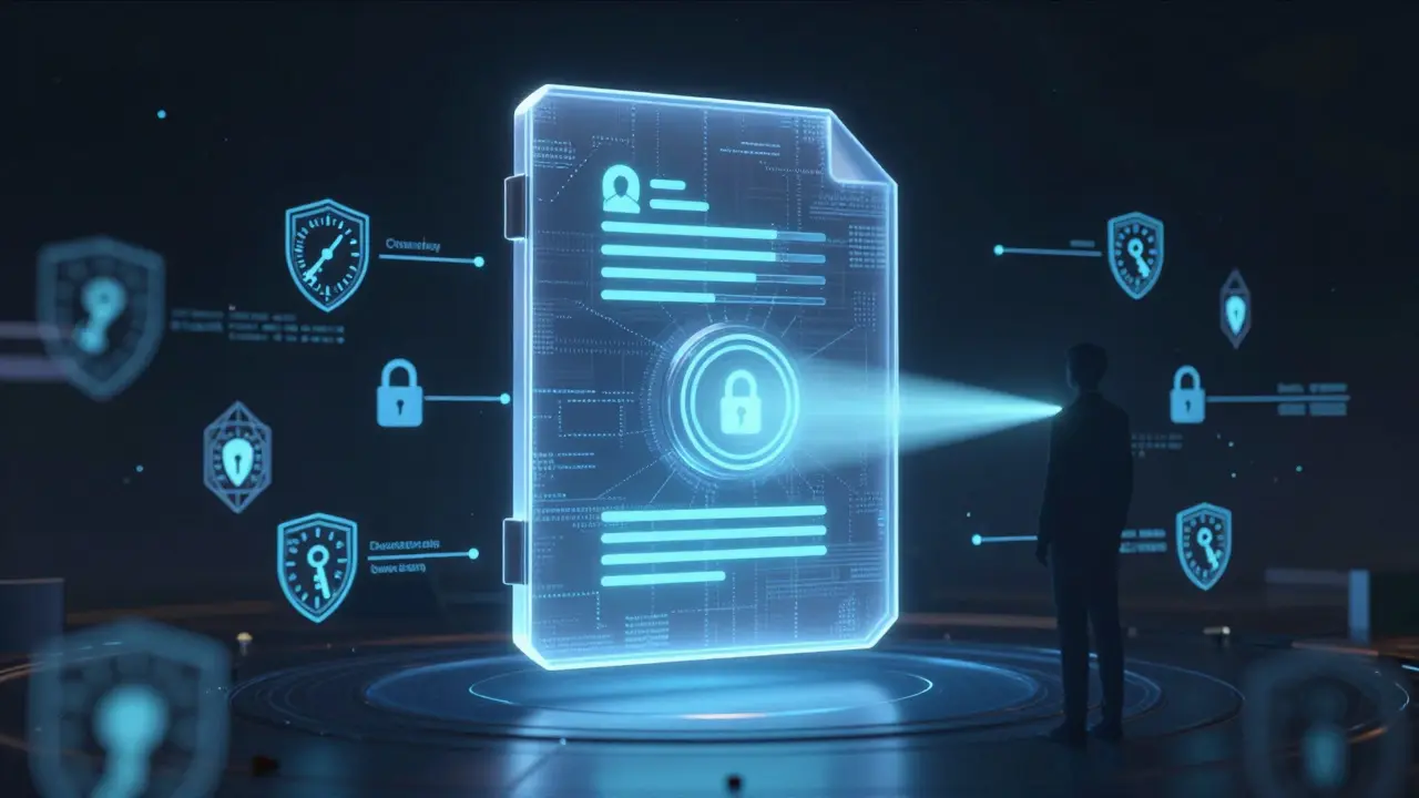 Cofre digital holográfico liberando acesso condicional com bloqueios geométricos flutuantes e temporizadores.