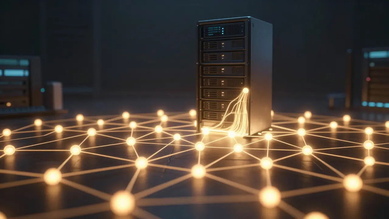 Rede descentralizada brilhante conectada versus servidor centralizado isolado e vulnerável no fundo.